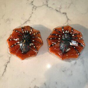 Vintage Robert Alan Hand Painted Halloween Spider In Web Lot of 2 Candles